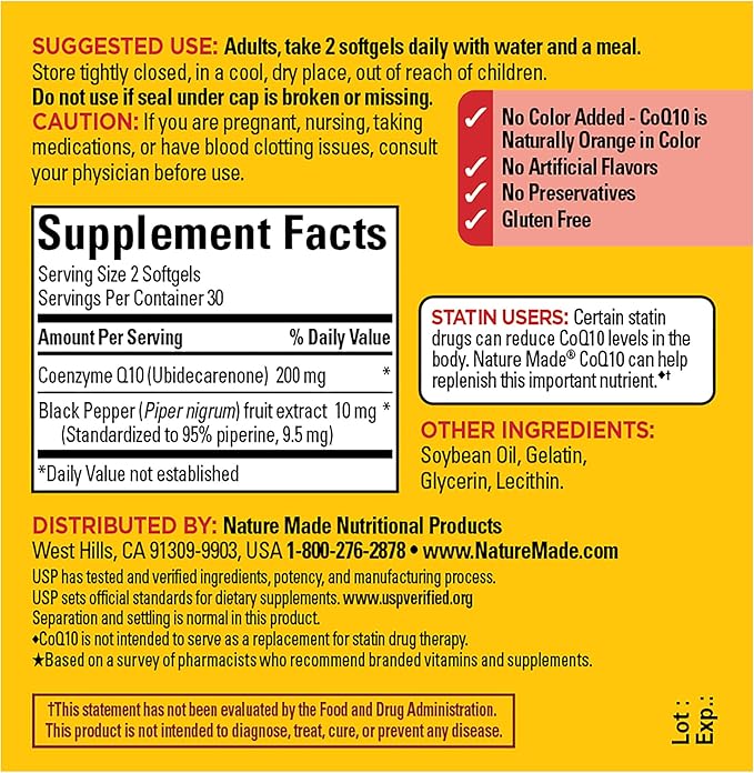 Nature Made CoQ10 200mg per Serving with Black Pepper Extract for Enhanced Nutrient Absorption, CoQ10 Supplement for Heart Health Support, 60 Softgels, 30 Day Supply