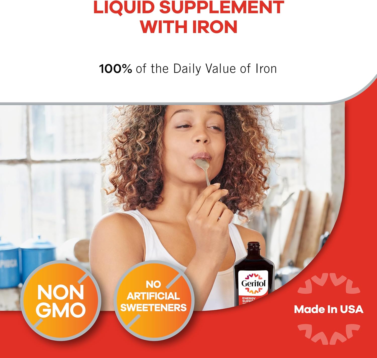 Geritol, Liquid Vitamin and Iron Supplement, Energy Support, Contains High Potency B-Vitamins and Iron, Pleasant Tasting, Easy to Swallow, No Artificial Sweeteners, Non-GMO, 12 Oz