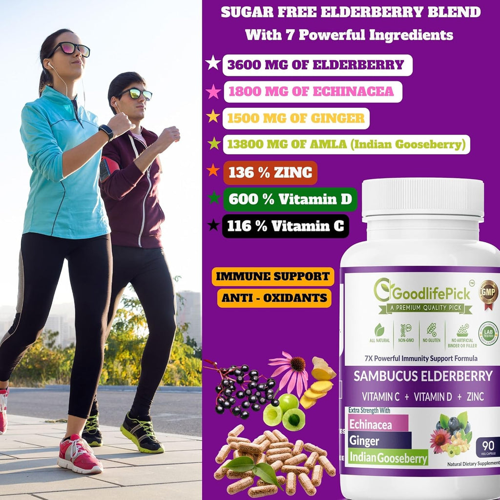 7 in 1 Elderberry with ZINC, Vitamin C, Vitamin D, Echinacea, Ginger & Indian Gooseberry (Amla).Premium Elderberry Capsules 90 ct, All Natural,Non-GMO,Vegan,No Rice Powder, No-Gluten