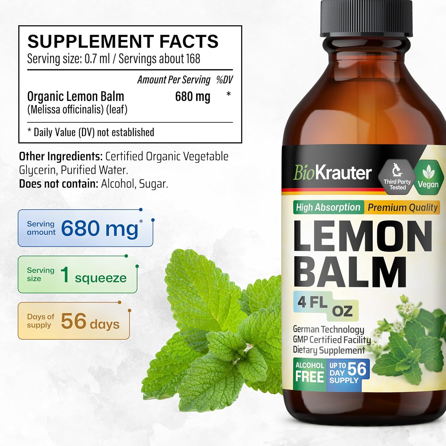 BIO KRAUTER® Lemon Balm Tincture 680 mg Melissa Officinalis - Pure Vegan Lemon Balm Extract 4 Fl.Oz 56 Days of Supply - Natural Calming & Sleep Support - Alcohol & Sugar Free - Digestion & Relaxation