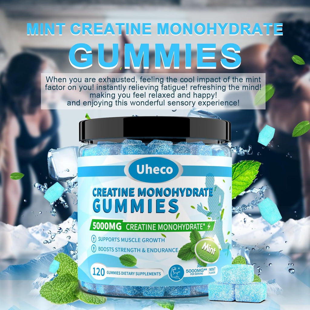 Mint Flavor Creatine Monohydrate Gummies for Men & Women,Contains L-Taurine + Vitamin B12, Betaine, L-Citrulline for Improve Exercise Endurance, Muscle Strength -120 Count