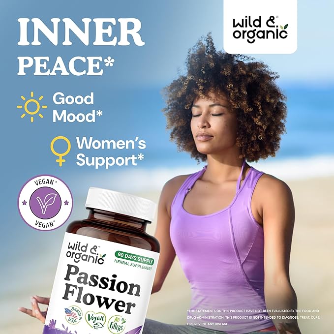 Wild & Organic Passion Flower Capsules 600 mg - Calming & Mood Support - Passionflower Extract Supplement - Passiflora Incarnata Herb - Vegan, No Fillers, Non-GMO - 90 Count