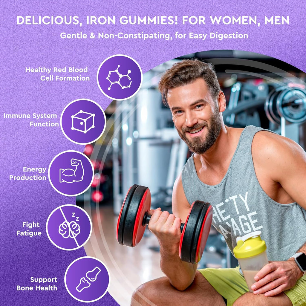 Iron Gummies - with Calcium, Zinc, Folate & Vitamin B12, C, B6 for Adults & Kids - Blood Builder & Energy Support for Iron Deficiency, Anemia, Vegan - Grape Flavour,60 Gummies