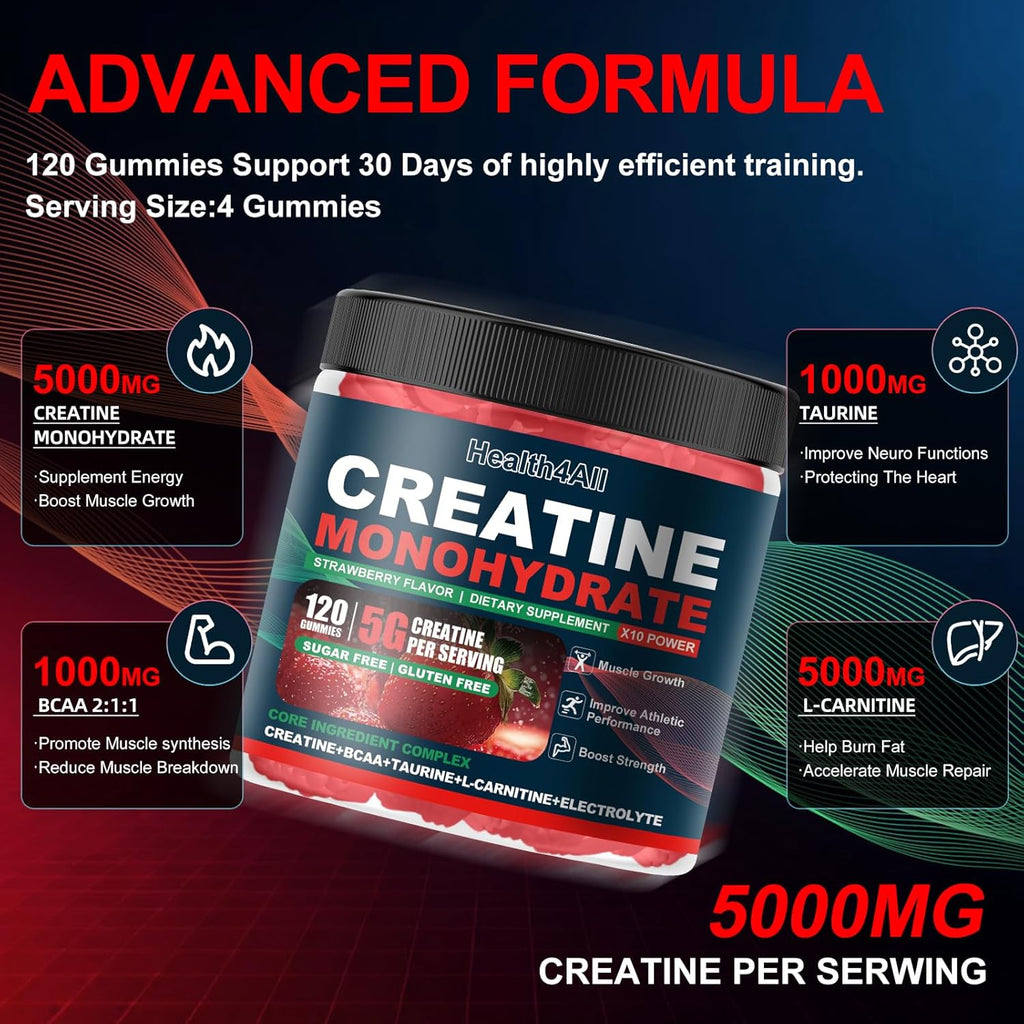 Health4All Creatine Monohydrate Gummies 5G for Men & Women, Preworkout Supplement for Energy & Muscle Growth Support with Electrolyte, BCAA, L-Carnitine & Taurine- Strawberry 120 Gummy