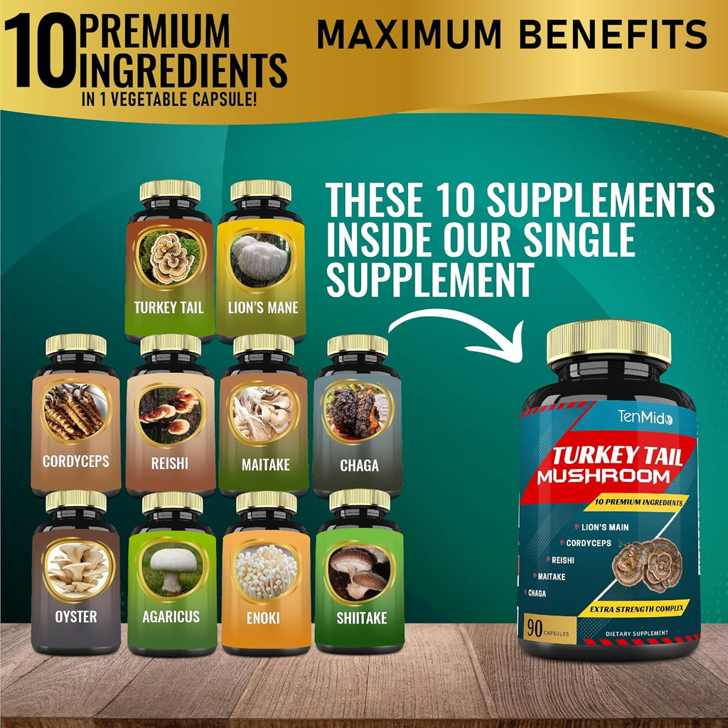 Turkey Tail Mushroom Supplement Extract with Lions Mane, Cordyceps, Reishi and More, 10 Herbs in 1 | Improves Digestive Function, Supports Immune System, 3 Months Supply