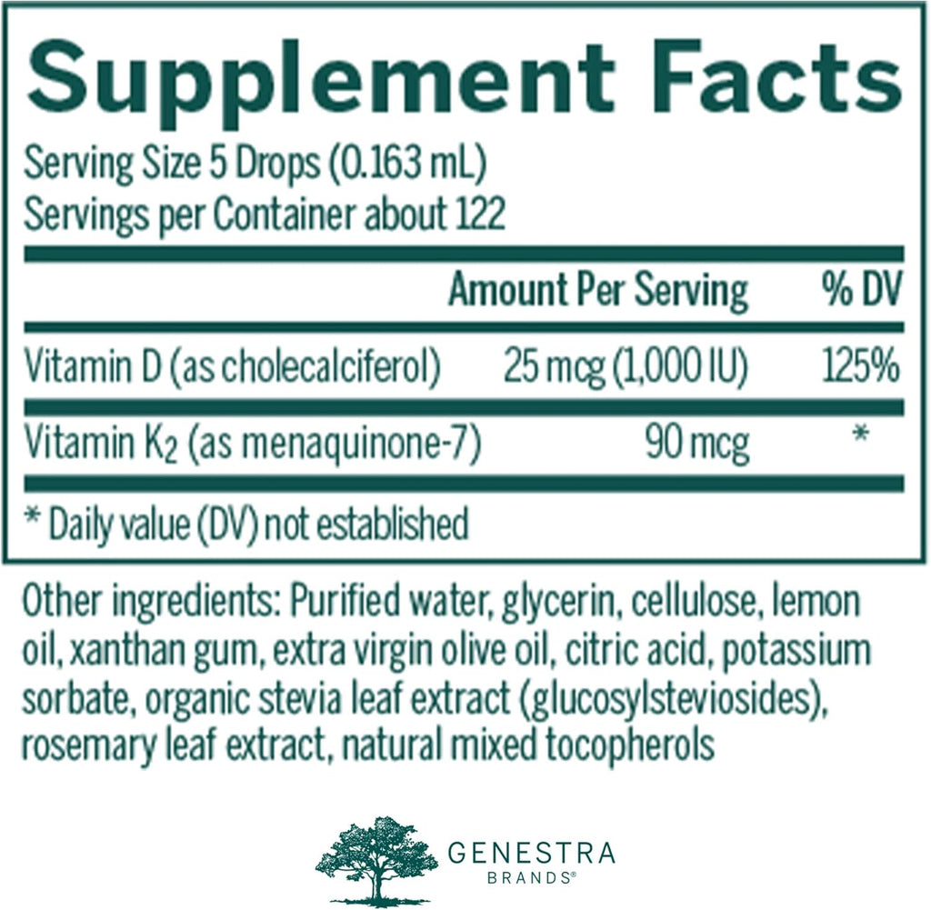 Genestra Brands D3 K2 Mulsion - Liquid Vitamins for Bone Health - Natural Lemon - 122 Servings