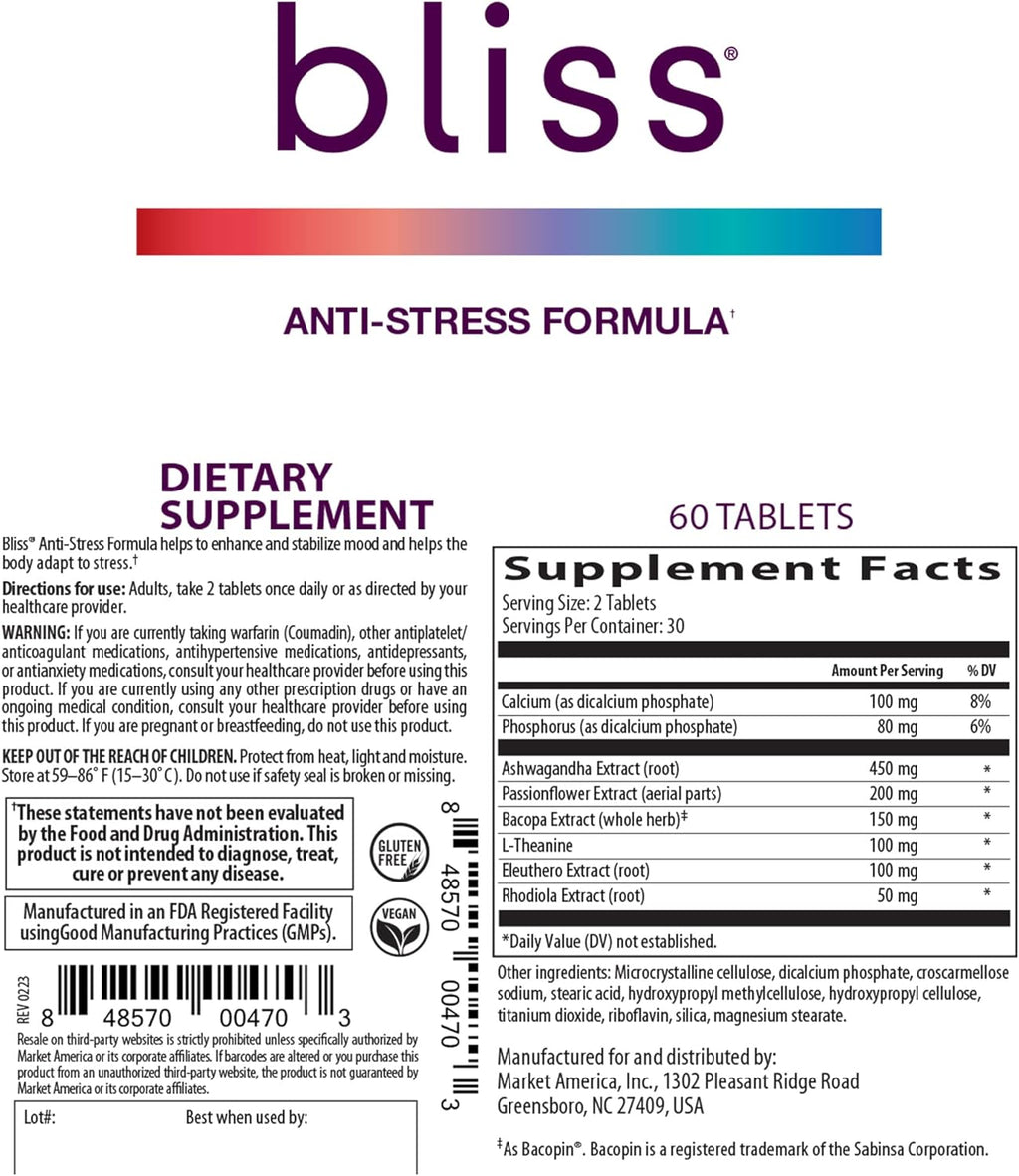 Bliss Herbal Stress Support – Adaptogenic Tablets with Ashwagandha, Rhodiola & L-Theanine – Promotes Calm, Mood Balance & Mental Clarity – Vegan & Gluten-Free – 60 Tablets