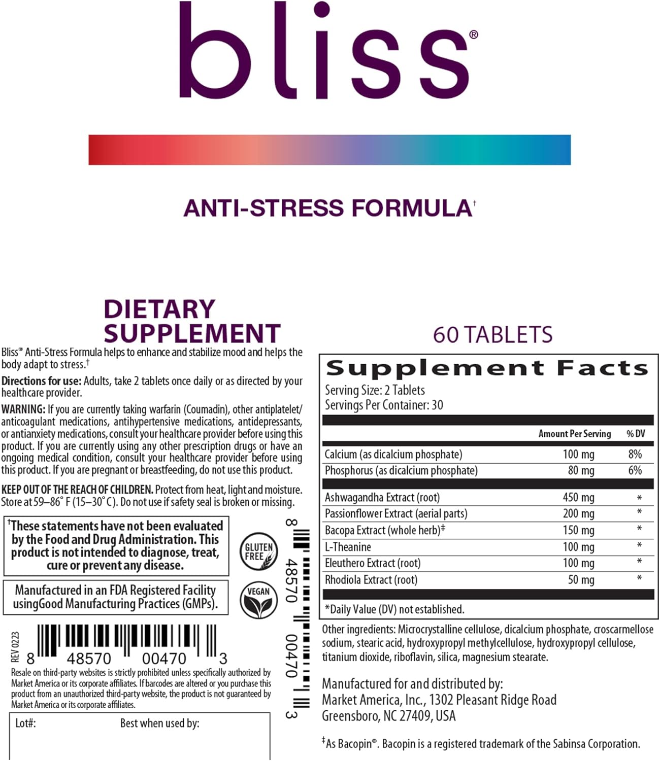 Bliss Herbal Stress Support – Adaptogenic Tablets with Ashwagandha, Rhodiola & L-Theanine – Promotes Calm, Mood Balance & Mental Clarity – Vegan & Gluten-Free – 60 Tablets