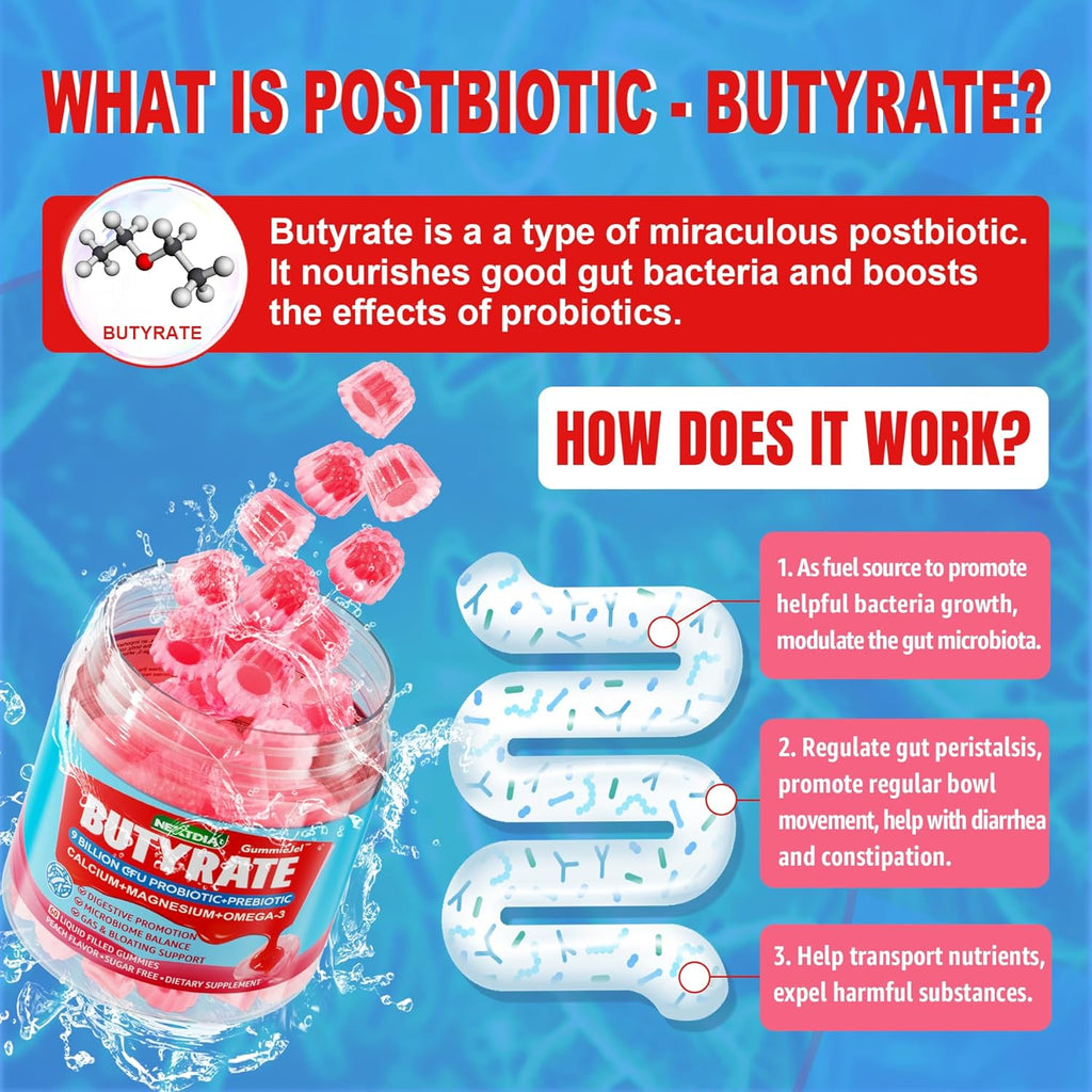 Butyrate Gummies with Probiotic + Prebiotic + Postbiotic, Omega-3 500mg,9 Billion CFU Probiotics with Fiber, Calcium & Magnesium, Inulin,Psyllium Husk for Digestive Health,Bloating Support,Sugar Free