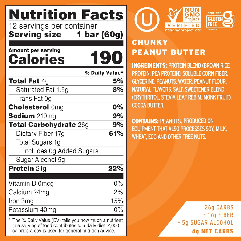 No Cow High Protein Bars, Chunky Peanut Butter - Healthy Snacks, 20g Vegan Protein, High Fiber, Low Sugar, Keto Friendly, Dairy & Gluten Free (12 Count)