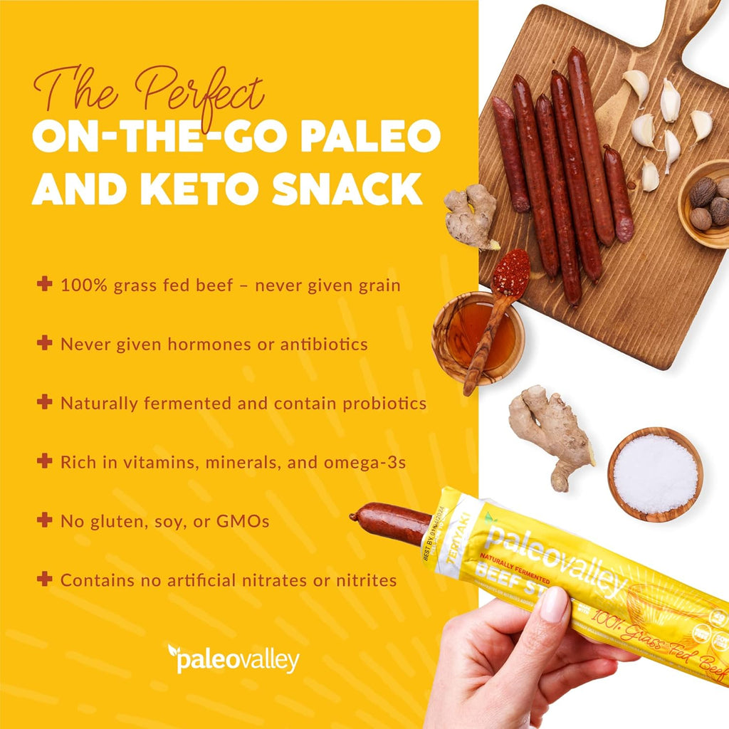 Paleovalley 100% Grass Fed Teriyaki Beef Sticks - Delicious Gluten Free Beef Snack - High Protein Keto Friendly