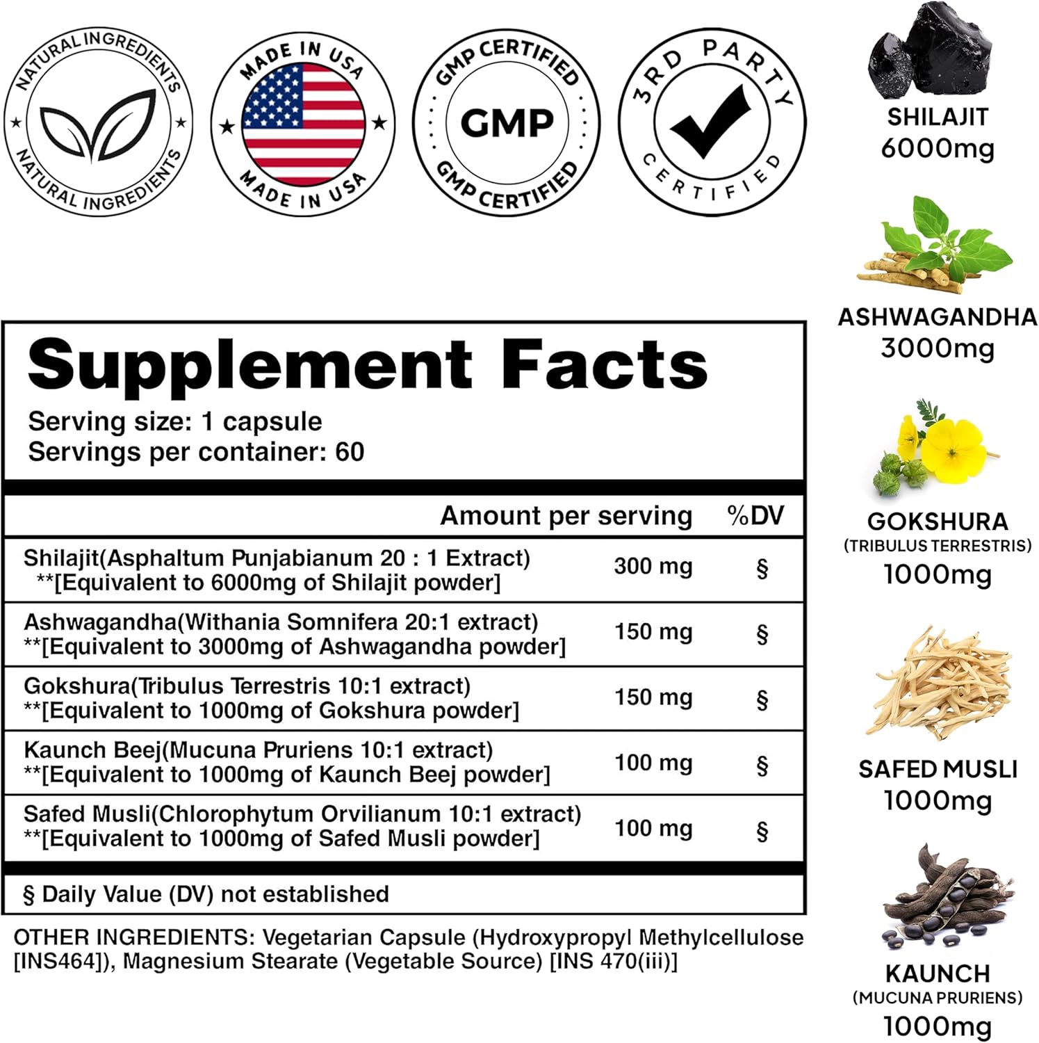 Pure Himalayan Shilajit Capsules for Men with Ashwagandha, Gokshura & Safed Musli - Extra Strength Organic Shilajit and Ashwagandha Supplement - Tribulus (Gokshura) for Men's Vitality