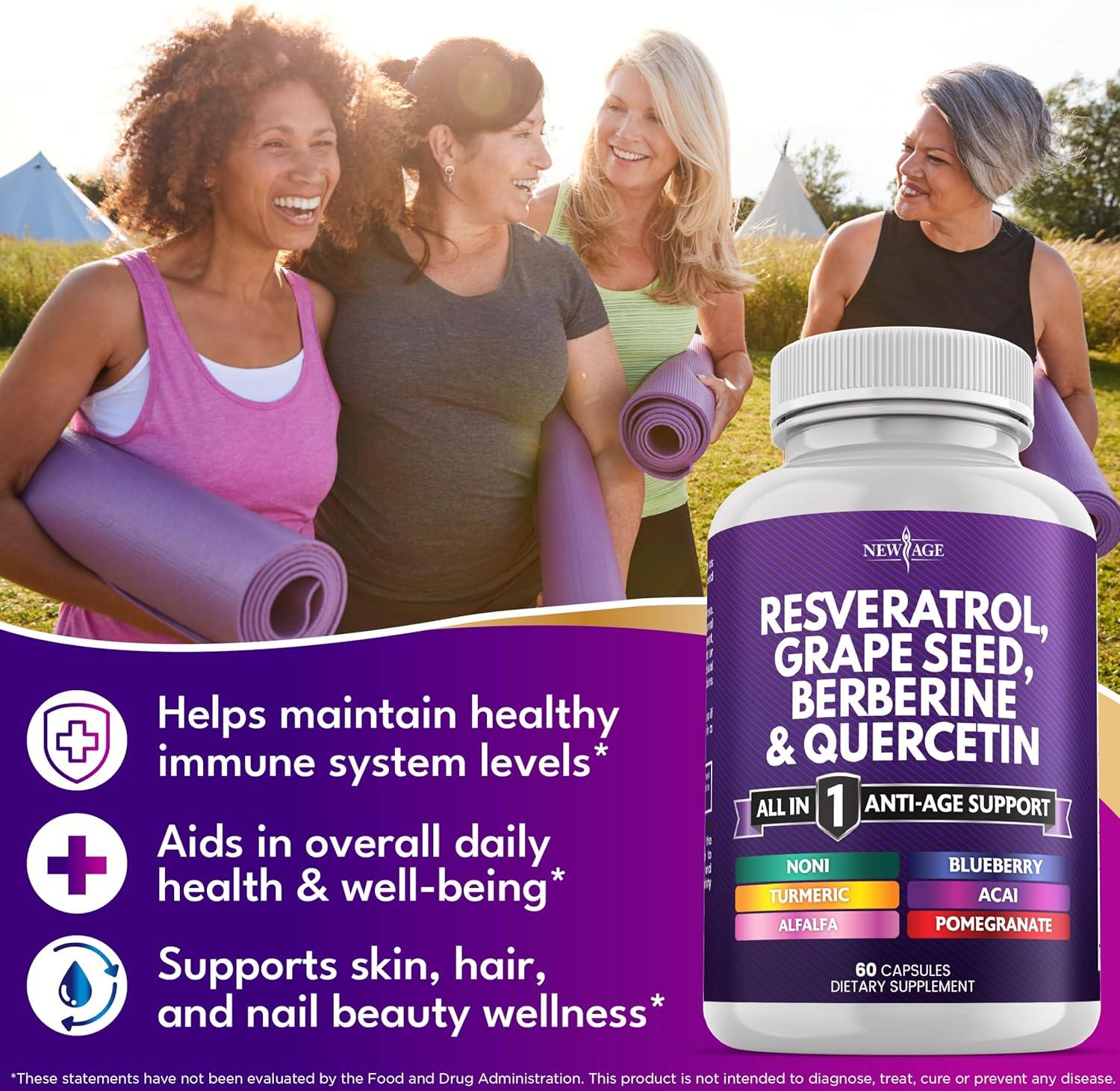 NEW AGE Resveratrol, Berberine, Grape Seed Extract, Quercetin, Polyphenol Supplement for Women and Men with Noni Extract, N-Acetyl Cysteine, Acai Extract - 180 Capsules
