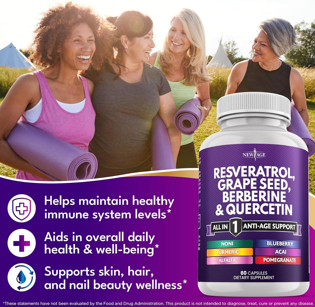 NEW AGE Resveratrol, Berberine, Grape Seed Extract, Quercetin - Polyphenol Supplement for Women and Men with Noni Extract, N-Acetyl Cysteine, Acai Extract - 60 Capsules