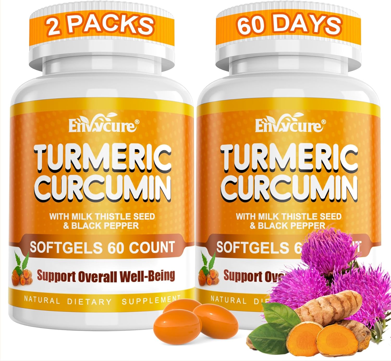 5 in 1 Turmeric Curcumin Softgels 2000mg with Milk Thistle Seed Extract & Black Pepper, Ginger Root - Immune, Liver Support - 95% Curcuminoids - Turmeric and Ginger Supplement Softgel Capsules