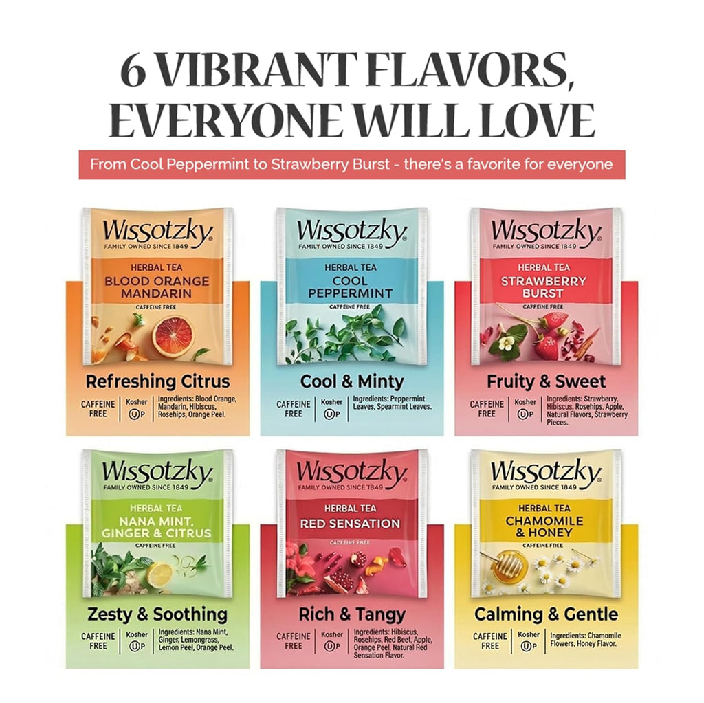 Wissotzky Herbal Tea Variety Pack Sampler (42 Tea Bags) in a Premium Reusable Gift Box | Caffeine-Free | 6 Exciting Flavors | Individually Wrapped Tea Bags | Ideal Present for Thanksgiving, Holiday & Corporate Gifting | Magnetic Closure Box | Kosher