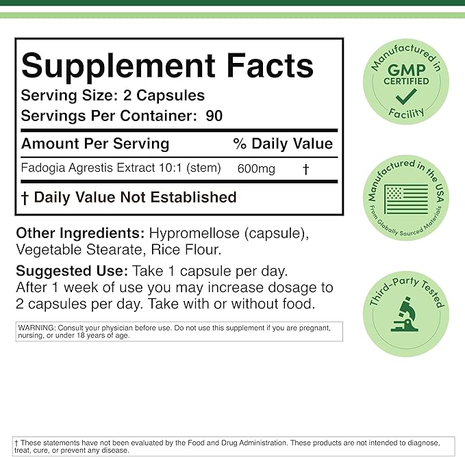 Fadogia Agrestis 600mg Per Serving (180 Capsules) Powerful Extract to Support Athletic Performance (Third Party Tested, Non-GMO, Vegan, Gluten Free) by Double Wood