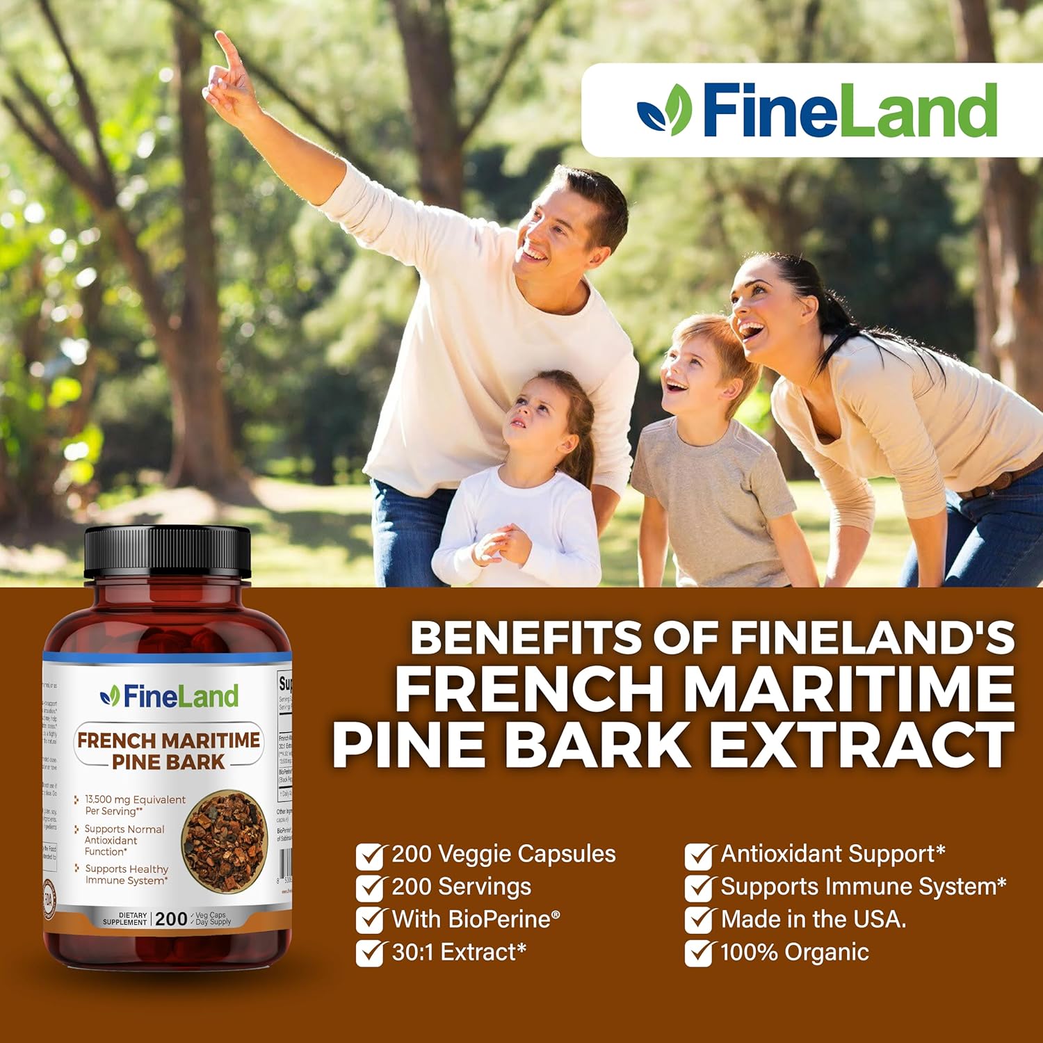 FineLand French Maritime Pine Bark 30:1 Extract Max Strength, 450 mg Per Capsule, Antioxidant, 200 Veggie Caps of Pine Bark Supplement for 200 Days, 100% Natural