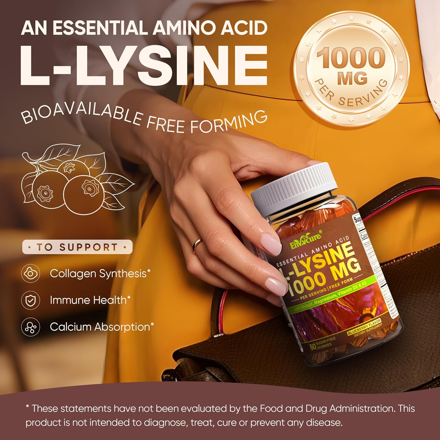 L-Lysine 1000mg Gummies - Essential Amino Acids - Immune, Lip, Calcium Absorption & Collagen Support* - Chewable Lysine Cold Sore Supplement with Vitamins C, D3K2 & Magnesium - Sugar Free, 120Cts