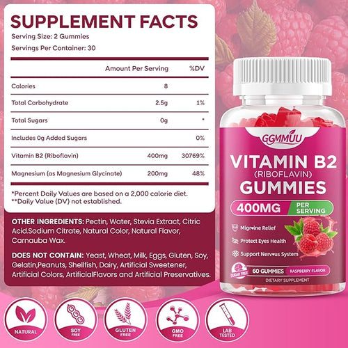 2 Pack Vitamin B2 Gummies Riboflavin 400mg Supplement with Magnesium for Kids & Adults B2 Gummies for Migra*ne Rel*ef, Nervous System Support & Skin Health, Raspberry Flavor, 120 Count
