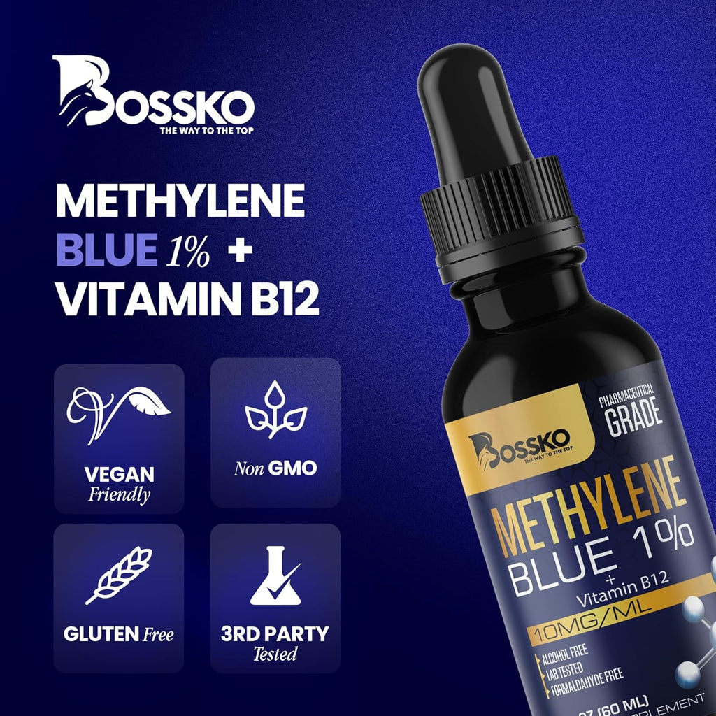 Bossko Methylene Blue 1% Solution 99.99% Pure Pharmaceutical Grade with B12 & Magnesium | Brain & Cellular Support | Third-Party Tested Dietary Supplement Drops Made in USA 60ml