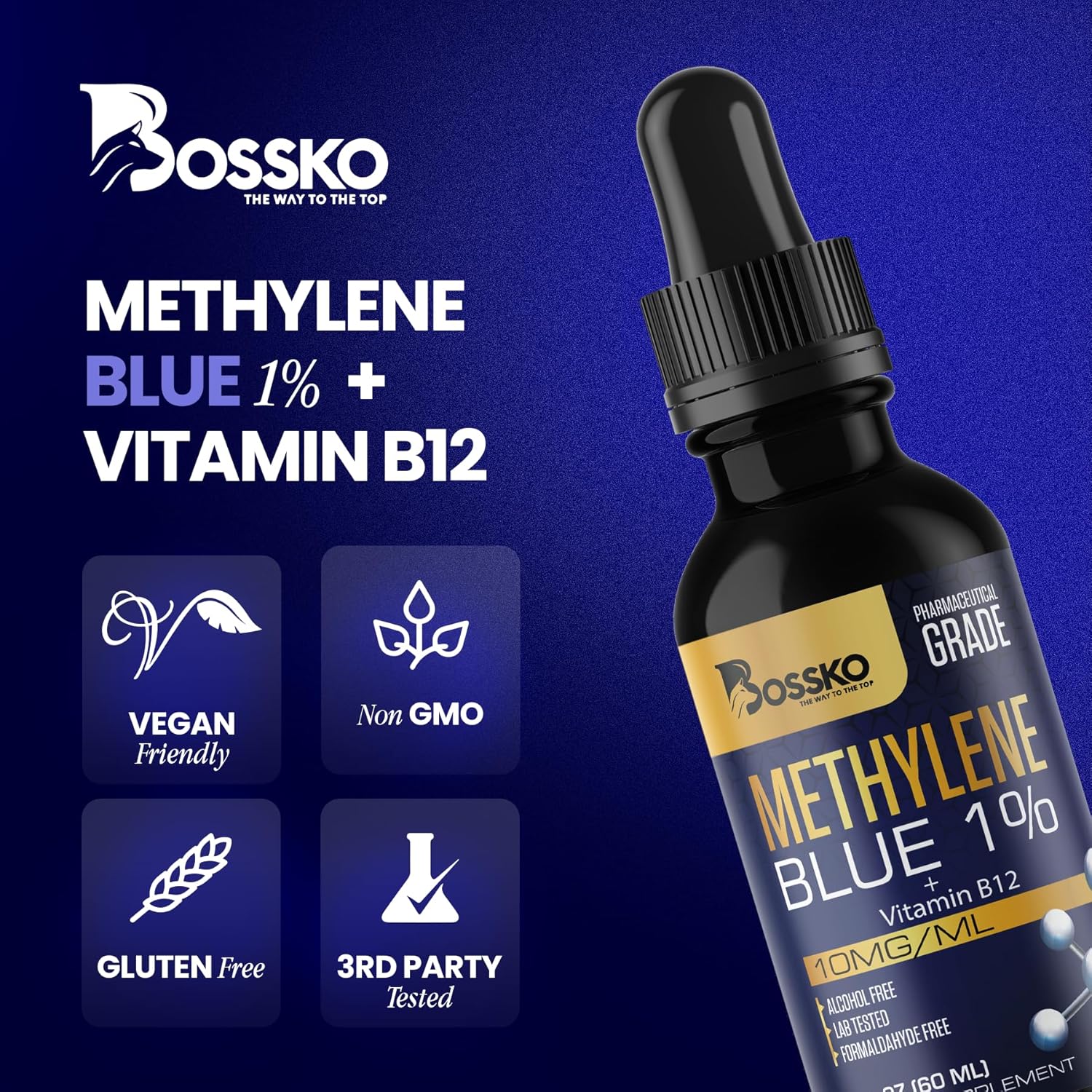 Bossko Methylene Blue 1% Solution 99.99% Pure Pharmaceutical Grade with B12 & Magnesium | Brain & Cellular Support | Third-Party Tested Dietary Supplement Drops Made in USA 60ml