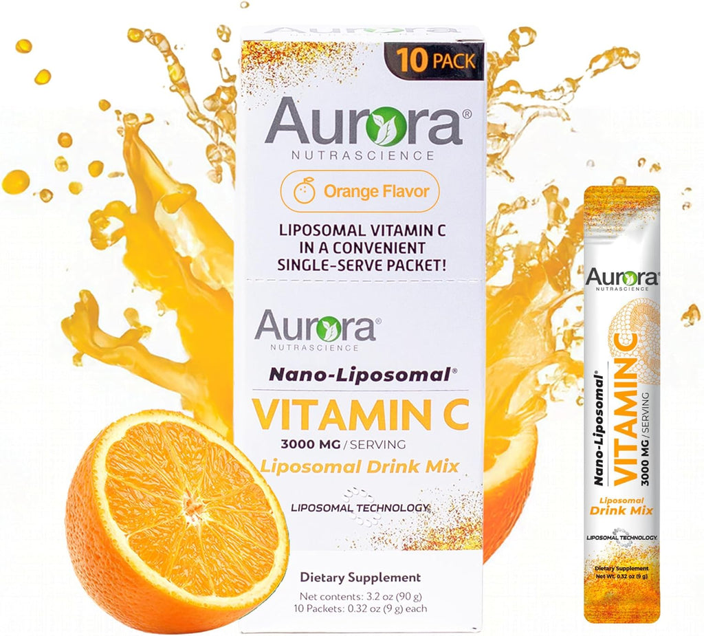 Aurora Nutrascience Nano-Pack Liposomal Vitamin C Powder Drink Mix, Immune Support, High Strength 3,000 mg Per Serving 10 Single Serve Packets, Orange