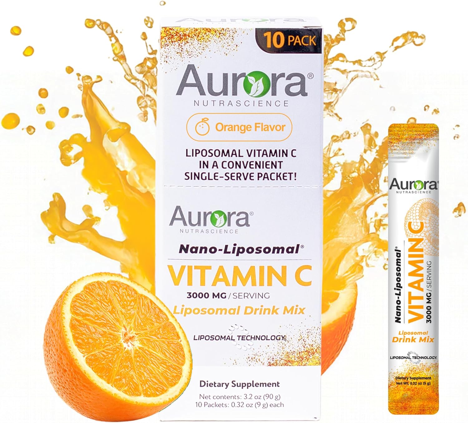 Aurora Nutrascience Nano-Pack Liposomal Vitamin C Powder Drink Mix, Immune Support, High Strength 3,000 mg Per Serving 10 Single Serve Packets, Orange