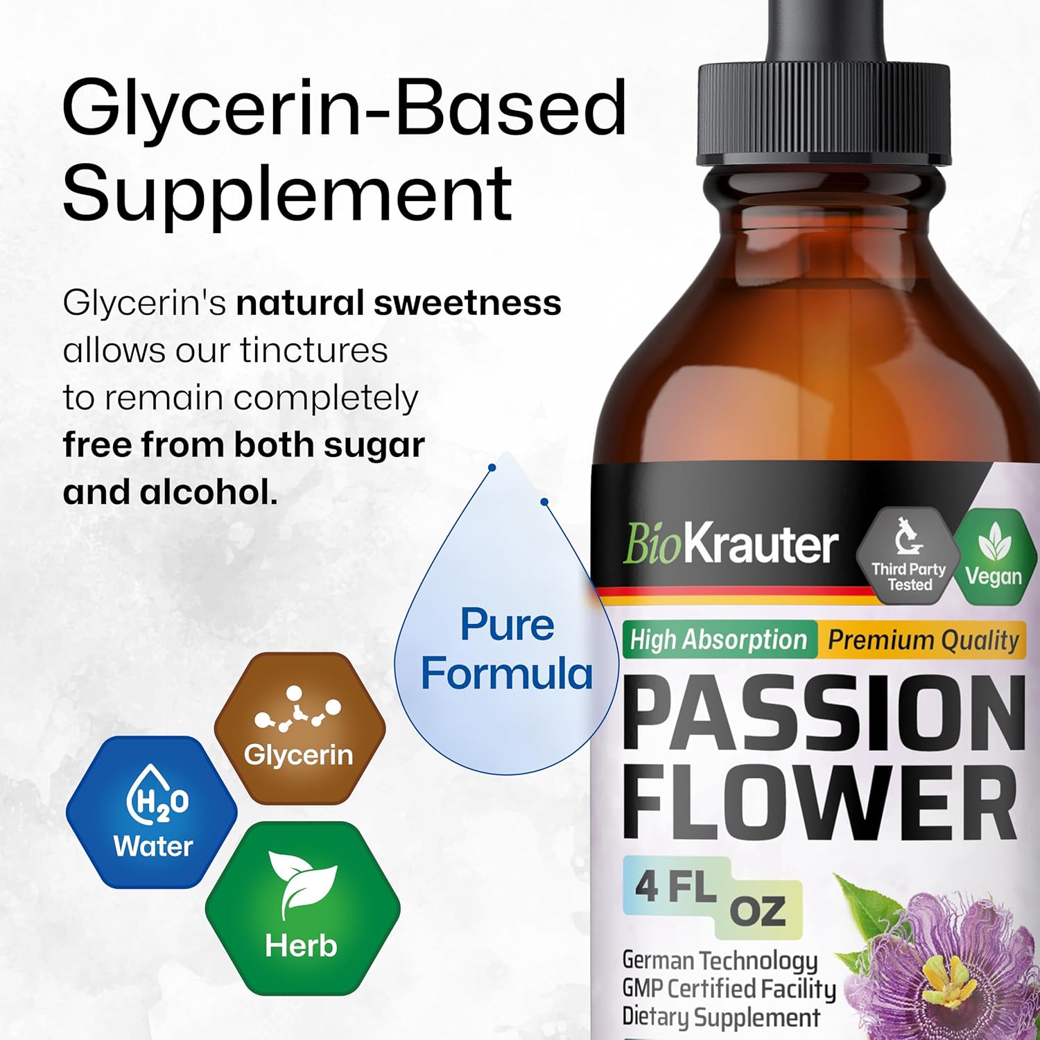 BIO KRAUTER Passionflower Tincture - Vegan Passion Flower Extract for Mood Support - Alcohol and Sugar Free - 4 Fl.Oz.