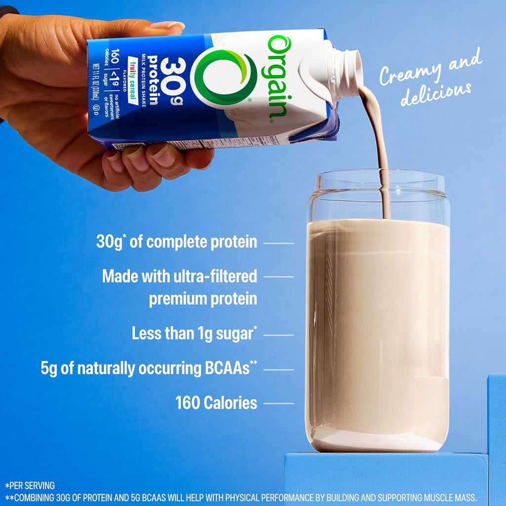 Orgain 30g High Protein Shake, Dairy Isolate Milk Protein, Fruity Cereal, 6g BCAAs, <1g Sugar Per Serving, Meal Replacement, Ready to Drink, Keto Friendly, Gluten-Free 11 Fl Oz (Pack of 12)