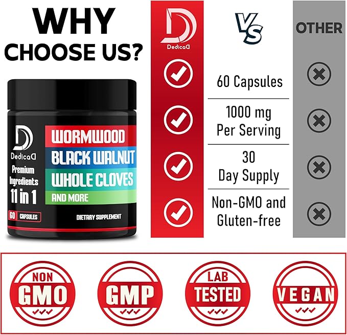 Wormwood Capsules Supplement - Extracted from Black Walnut, Cloves, Turmeric, Apple, Berberine HCl & More - 11 Ingredients Combined for Immune System, Body Management - 60 Capsules