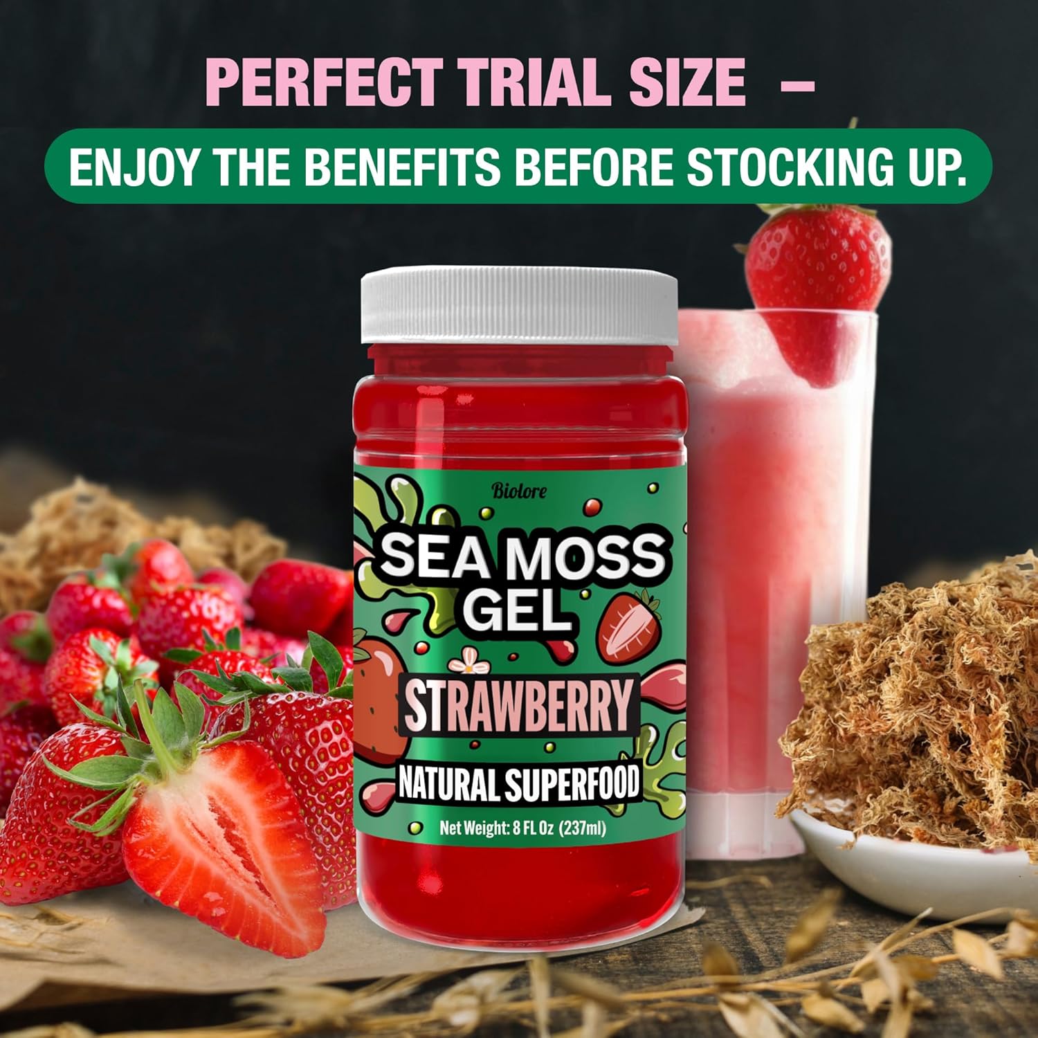 Biolore Strawberry Sea Moss Gel Made in USA Raw Wildcrafted Irish Seamoss, Essential Vitamins, Trace Minerals, Vegan Superfood, Trial Size 8 Fl Oz (Pack of 1)
