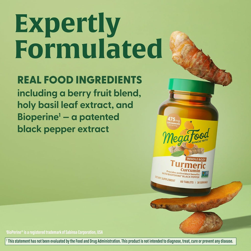MegaFood Whole Body Turmeric Curcumin Supplement - Turmeric Supplement With Black Pepper & Vitamin C - 475 mg Curcuminoids Per Serving - Antioxidant & Immune Support - Vegan - 120 Tablets, 60 Servings