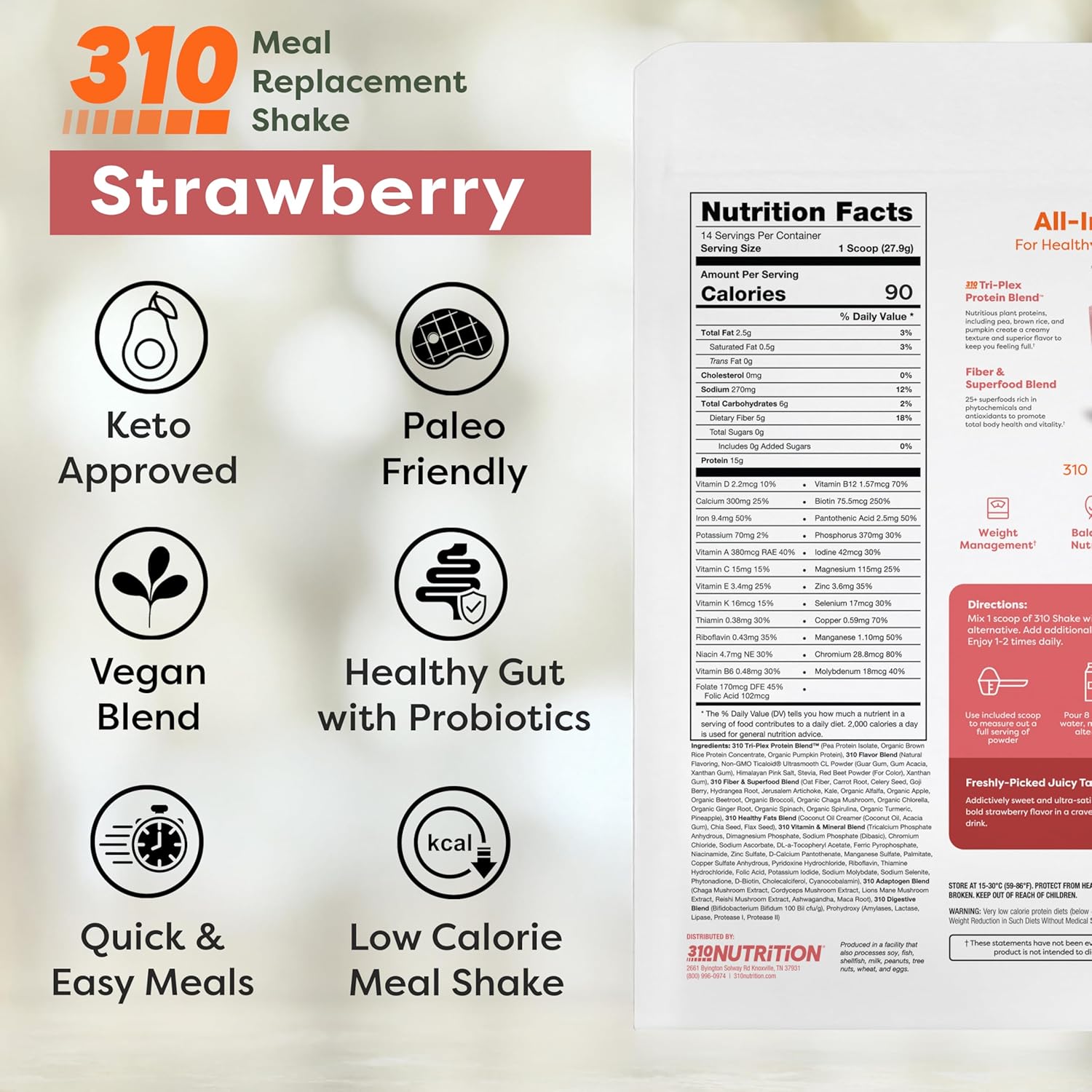 310 Nutrition All-In-One Meal Replacement Shake Powder - Plant-Based Protein Smoothie Blend w/High Fiber, Probiotics & Adaptogens - Low Carb, Vegan, Keto & Paleo Friendly - Strawberry - 14 Srv