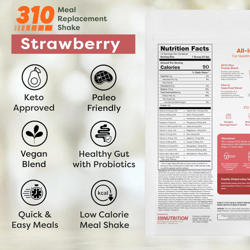 310 Nutrition All-In-One Meal Replacement Shake Powder - Plant-Based Protein Smoothie Blend w/High Fiber, Probiotics & Adaptogens - Low Carb, Vegan, Keto & Paleo Friendly - Strawberry - 14 Srv