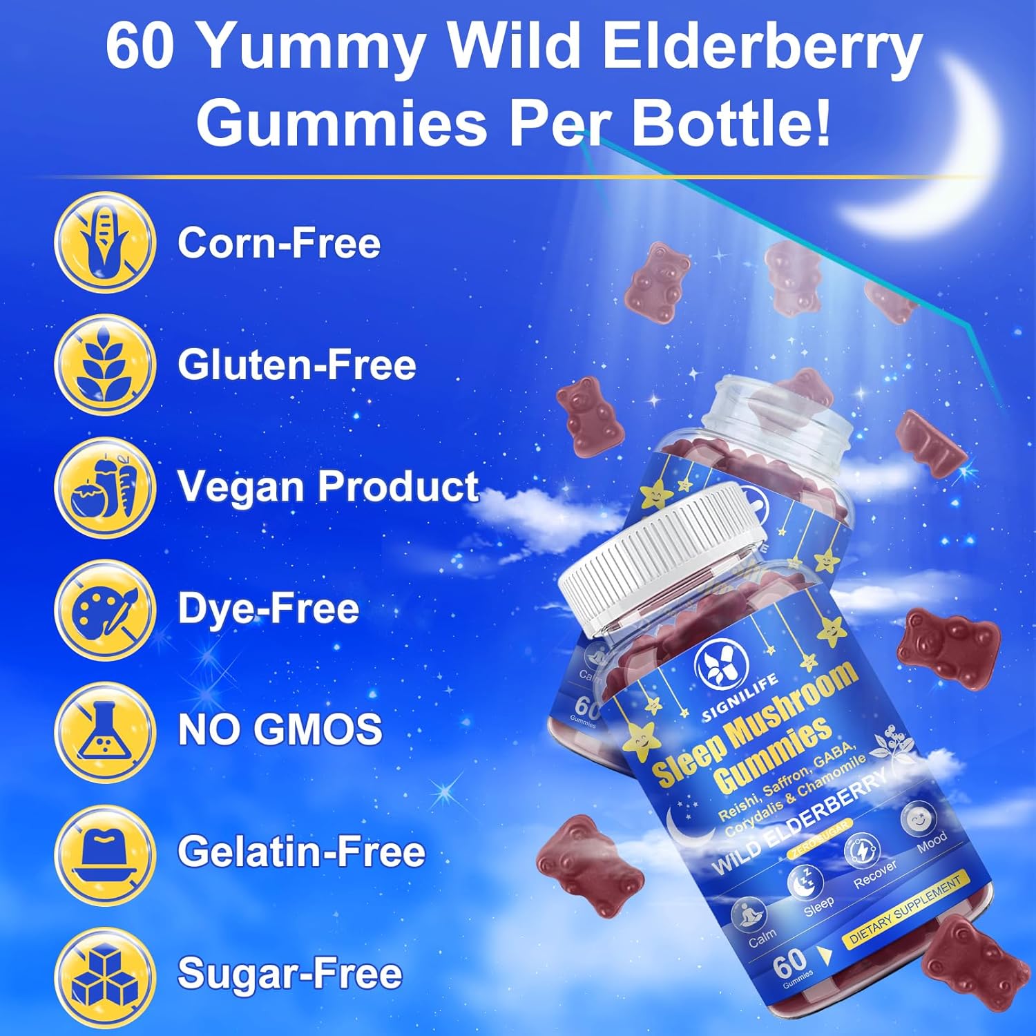 Sleep Mushroom Gummies with Reishi & Lions Mane -Natural Sleep Aid & Relaxation Supplement, Wild Elderberry Flavor, Non-GMO, No Sugar, 60 Count
