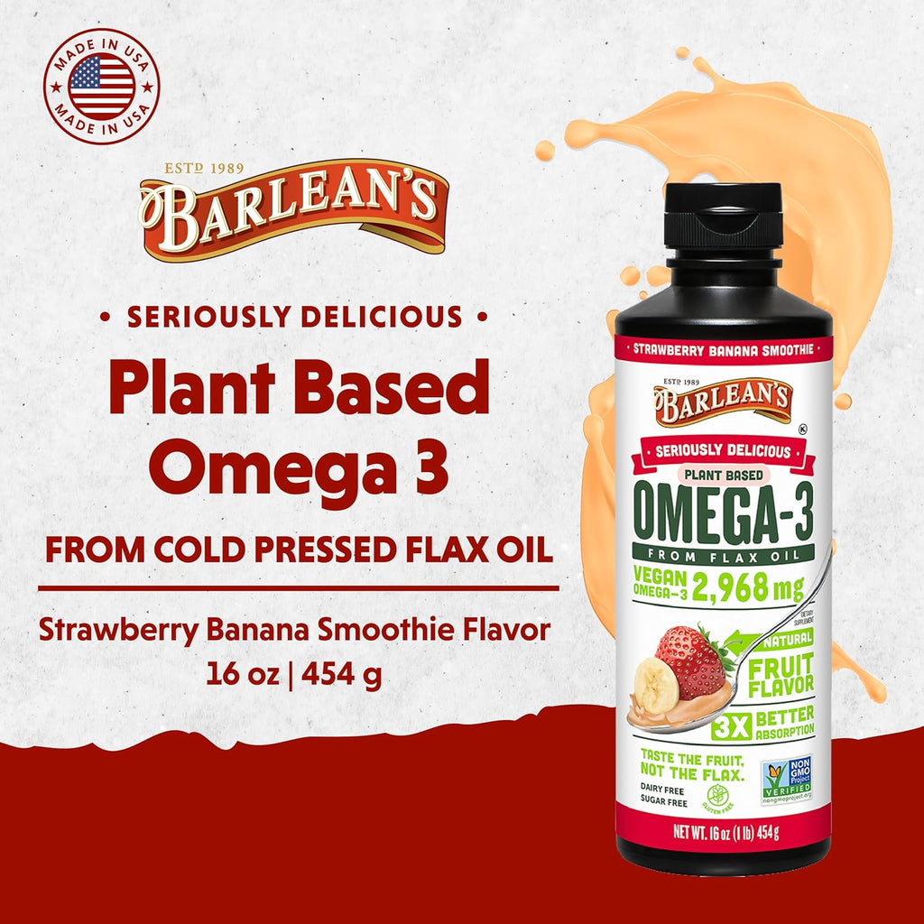 Barlean's Strawberry Banana Flaxseed Oil Liquid, Vegan Omega 3 6 9 Supplements for Kids & Adults from Cold Pressed Flax Seed Oil with 2,968 mg of Vegan Omegas, Non-GMO & Gluten Free, 8 oz