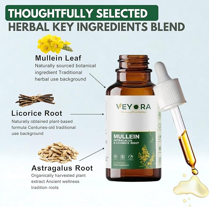 Mullein Leaf Drops with Astragalus & Licorice Root - 4 fl oz Liquid Supplement - Herbal Extract Drops - 1200mg Per Serving - Vegan, Non-GMO, Gluten Free - 120 Servings