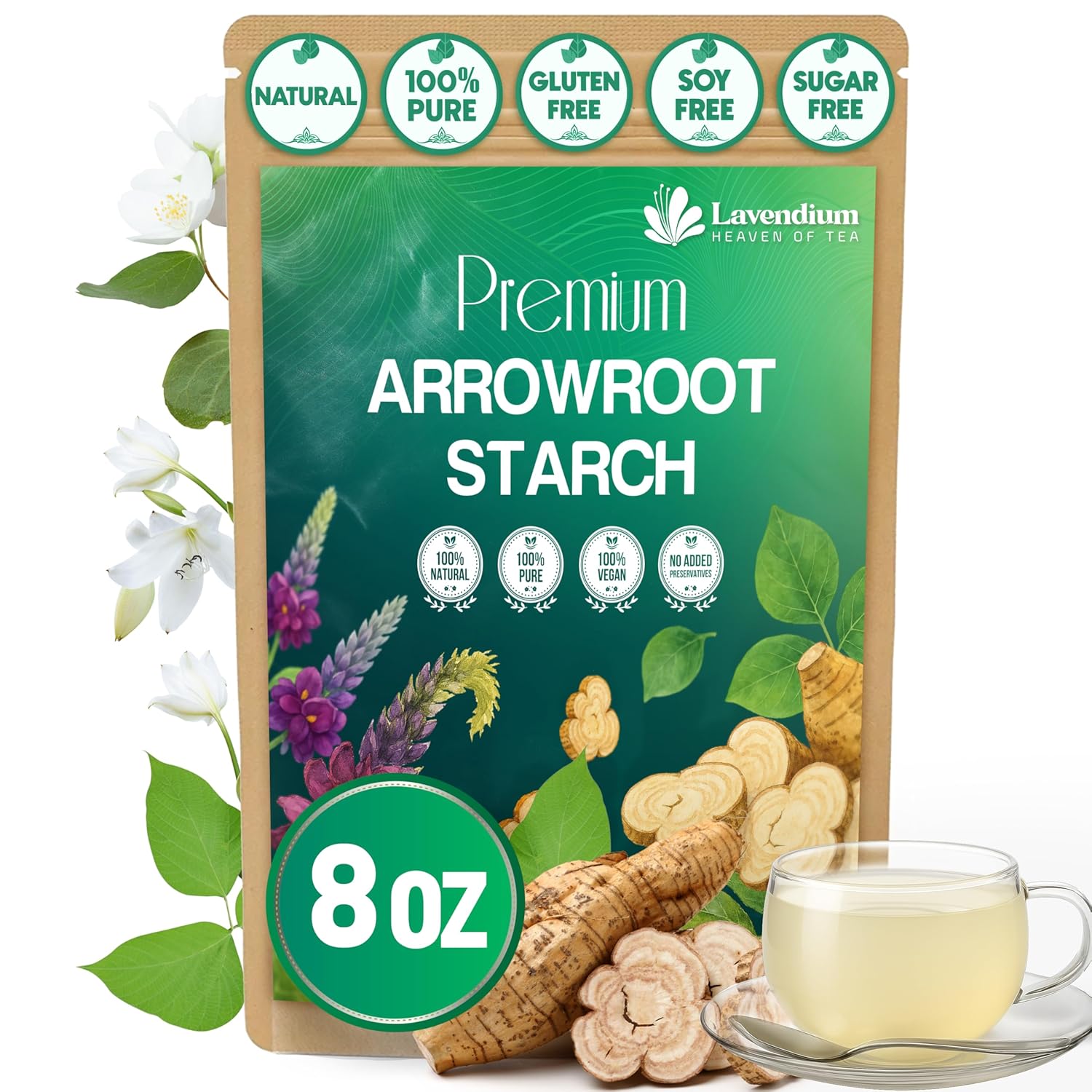 Lavendium, Premium Arrowroot Starch Powder – 8oz Resealable Bag, Gluten-Free, Non-GMO, Premium Plant-Based Thickener for Cooking, Baking & Frying. No Sugar. No Caffeine. Vegan