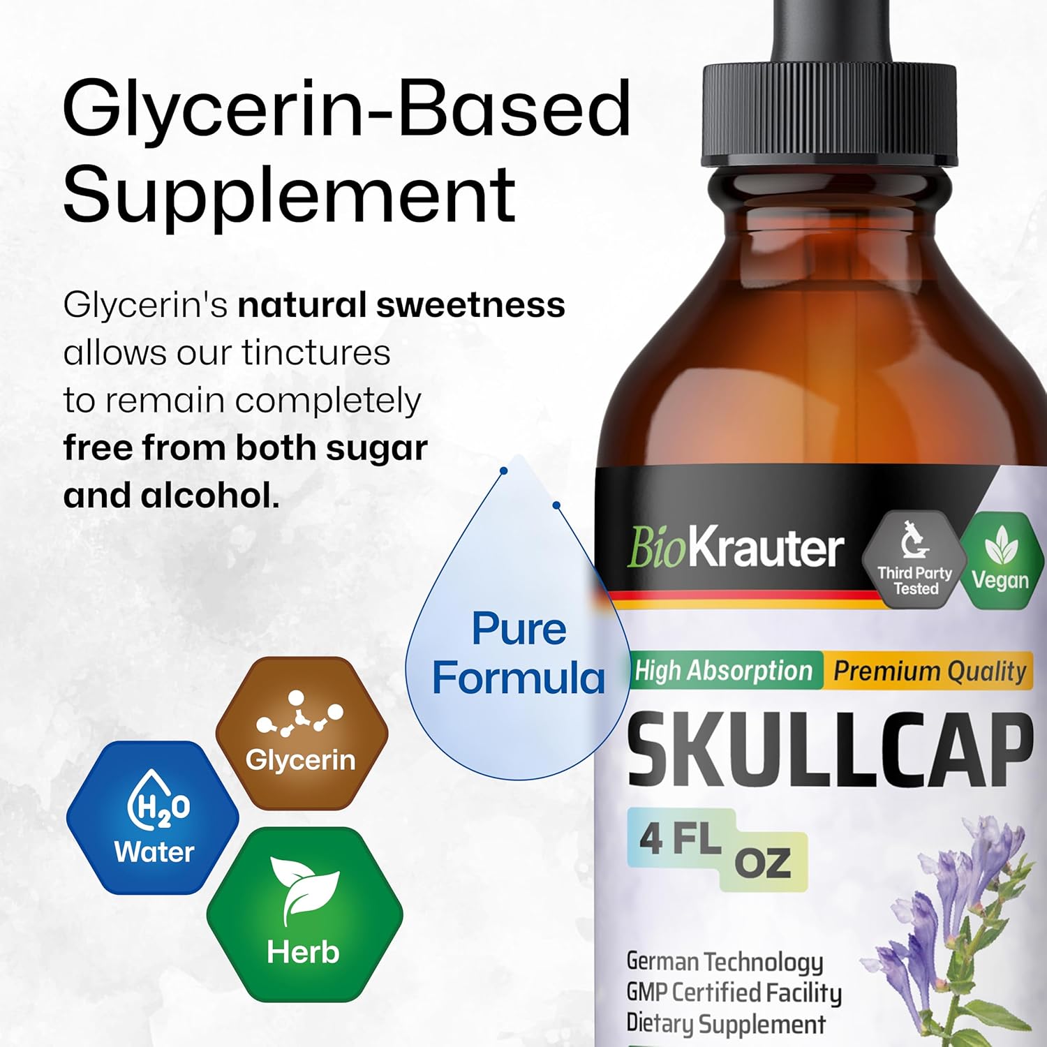 BIO KRAUTER Skullcap Herb Tincture - Scutellaria Lateriflora Liquid Extract - Alcohol and Sugar Free Skullcap Tincture - Vegan Drops 4 Fl.Oz.