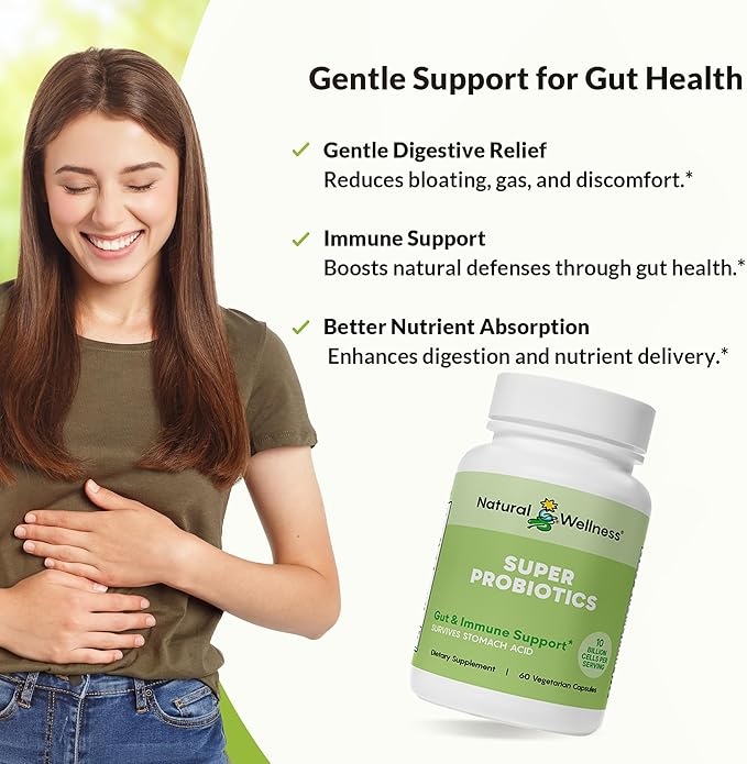 Natural Wellness Super Probiotic + Prebiotic Blend – 10 Billion CFUs with 8 Strains – Probiotics for Women & Men for Digestive Health, Gut Balance & Immune Support – Non-GMO, 30-Day Supply
