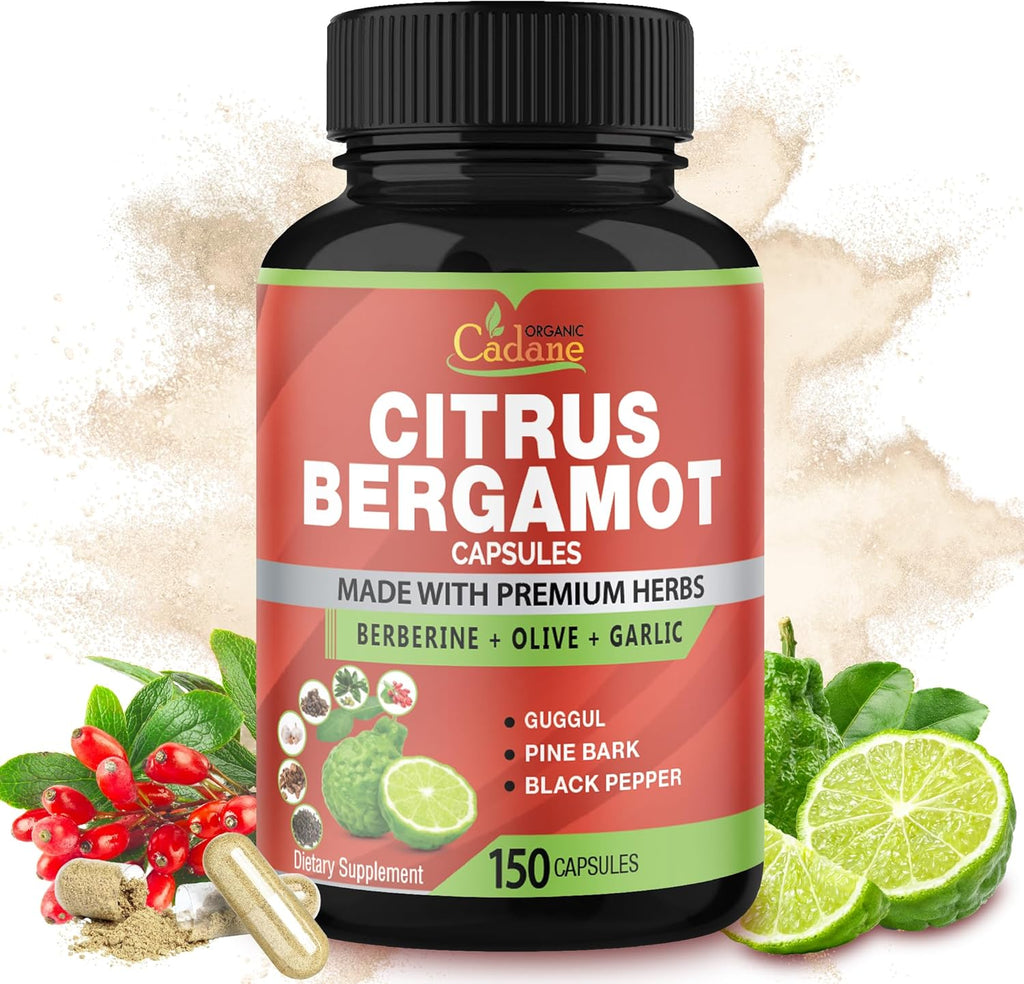 Organic Cadane Citrus Bergamot Supplement Capsules with Berberine, Olive, Guggul, Garlic, Pine Bark, Black Pepper - 150 Caps for 5 Months Supply