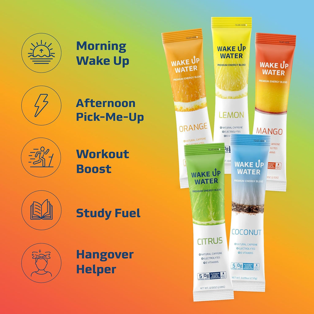 Wake Up Water - Energy + Hydration Sugar Free 15 Packet, Variety Pack - Energy Drink Powder, Electrolytes Powder Drink, Natural Caffeine Mix Packet, B Vitamins, 5 Calories, Gluten Free - .10 oz (2.9g)
