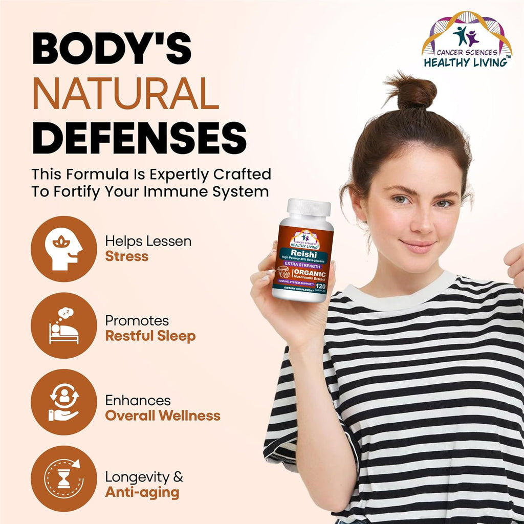 CANCER SCIENCES Reishi Wellness Mushroom Supplement Capsules, USDA Certified Organic Mushrooms Extract, Extra Strength 1,500 mg, High Potency 40% Beta-Glucans, Immune Support, Anti-aging, 120 Capsules