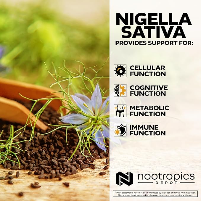 Nootropics Depot Nigella Sativa Extract Capsules | 200mg | 60 Count | Minimum 5% Thymoquinone Content | Black Seed Oil Extract | Supports Memory, Liver, Brain, and Immune Function