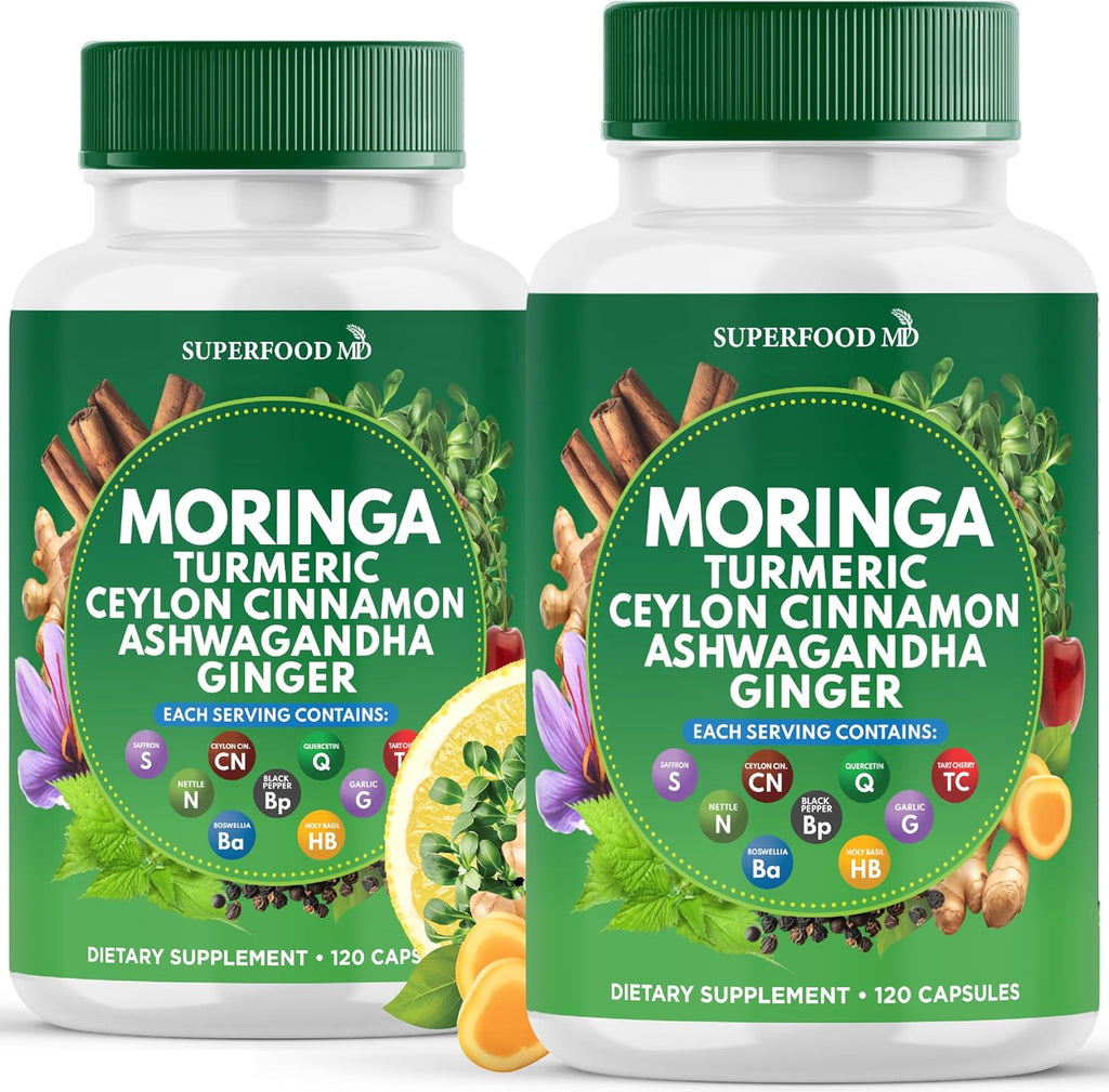 Moringa Supplement | Turmeric, Ginger, Boswellia, Saffron, Holy Basil, Nettle -Support Supplement for Women and Men with Ceylon Cinnamon, Quercetin, Tart Cherry- 240 Capsules