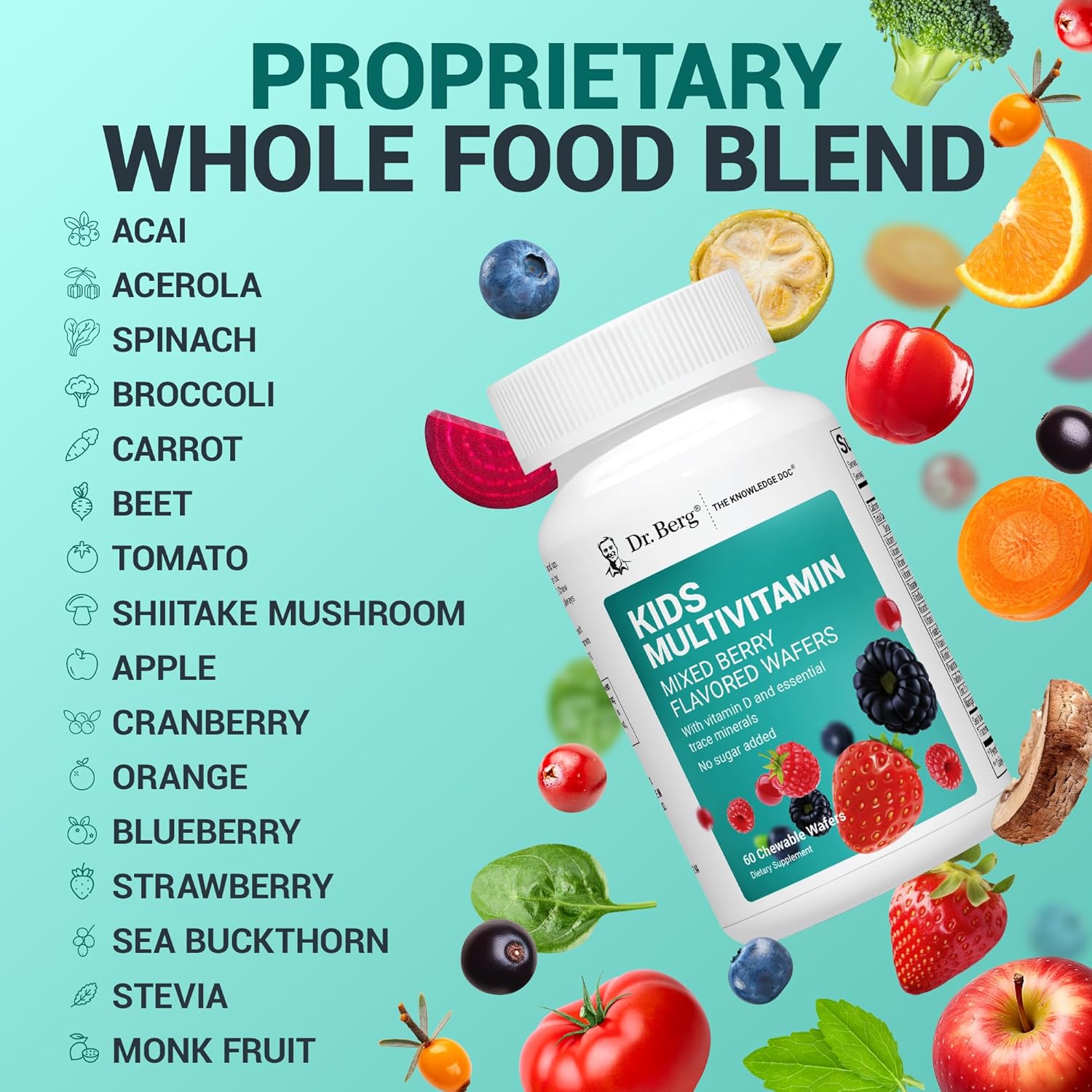 Dr. Berg Kids Chewable Multivitamins (NOT Sweetened w/Sugar) - Daily Multivitamin for Kids That Includes 20 Nutrients & Trace Mineral Complex - Mixed Berry Chewable Vitamins for Kid - Red Wafers
