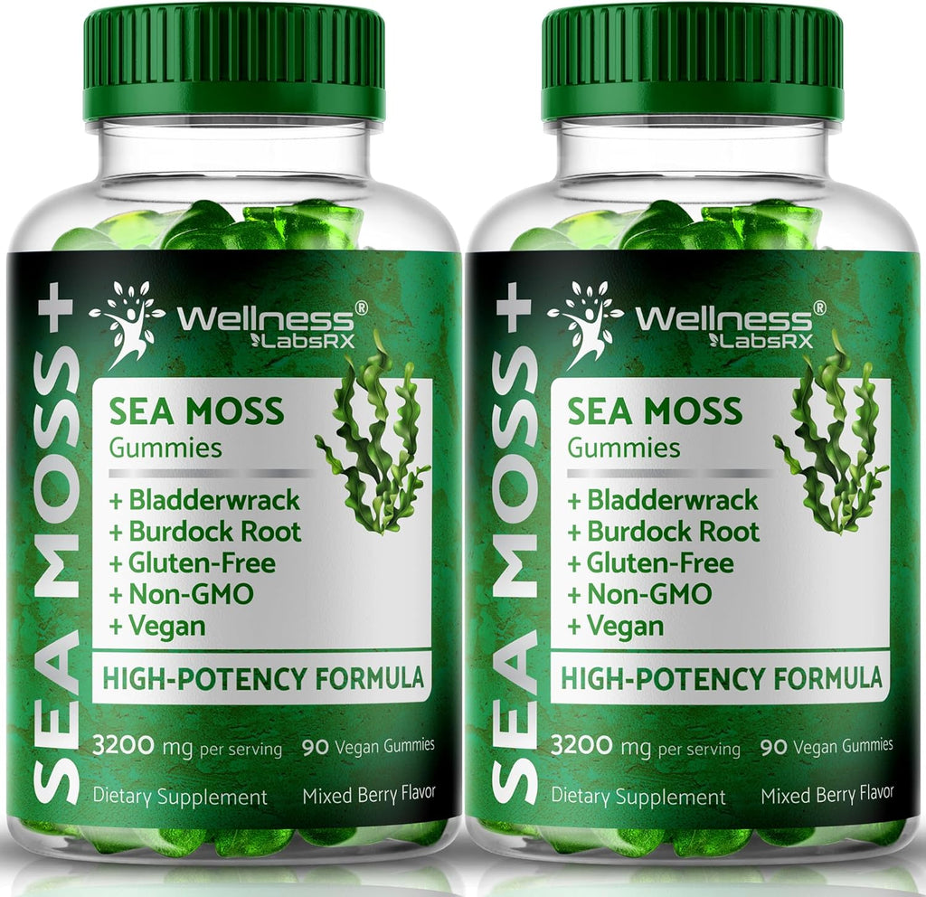Sea Moss Gummies, 3200mg Irish Sea Moss Mixed Berry Flavor with Maximum Potency Bladderwrack and Burdock Root - Supports Skin, Energy and Immunity - 180 Count