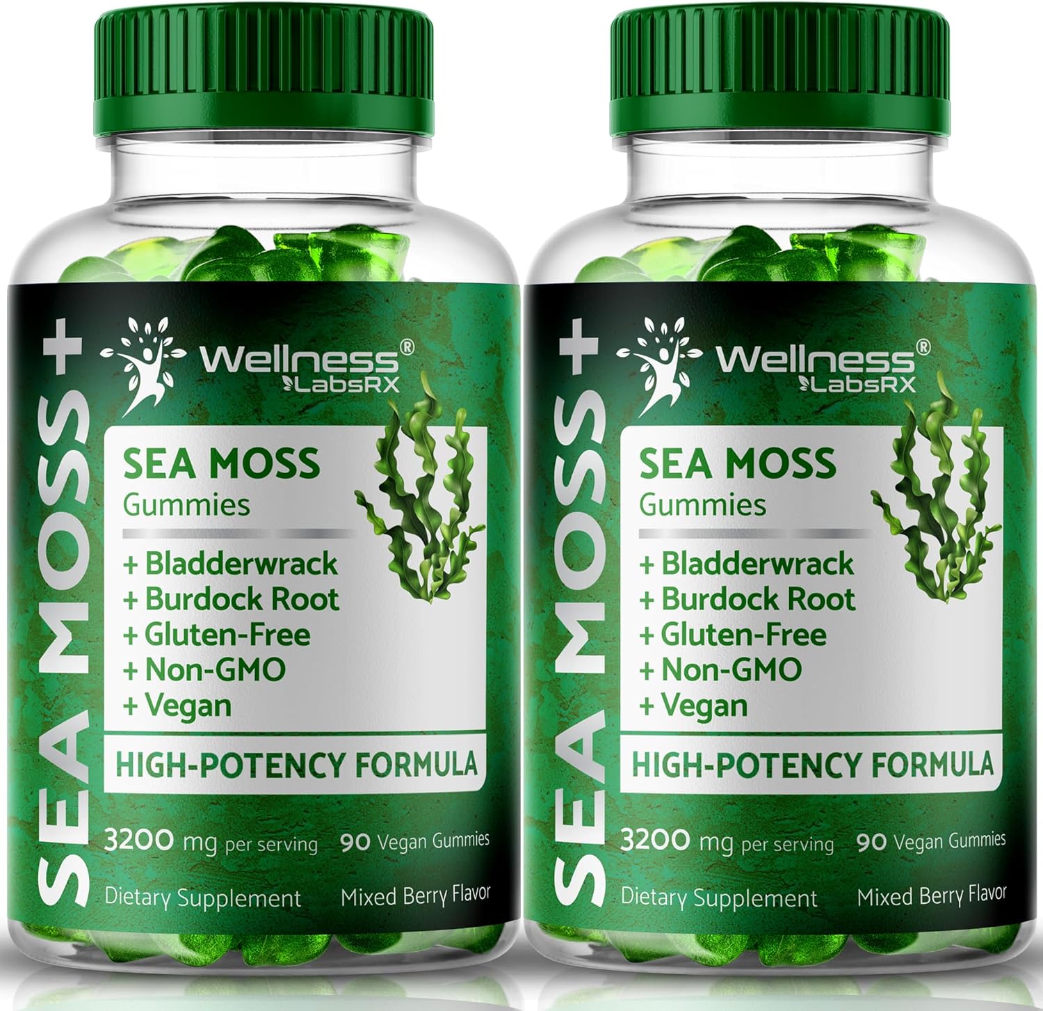 Sea Moss Gummies, 3200mg Irish Sea Moss Mixed Berry Flavor with Maximum Potency Bladderwrack and Burdock Root - Supports Skin, Energy and Immunity - 180 Count