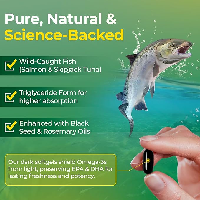 Omega 3 Fish Oil Supplementt (90 Count) Wild Caught Omega3 Fish Oil High EPA DHA Rich in Fatty Acid | Omega-3 Supplements for Women & Men | Purified Omega3 Fatty Acid, Non-GMO, Burpless Softgels